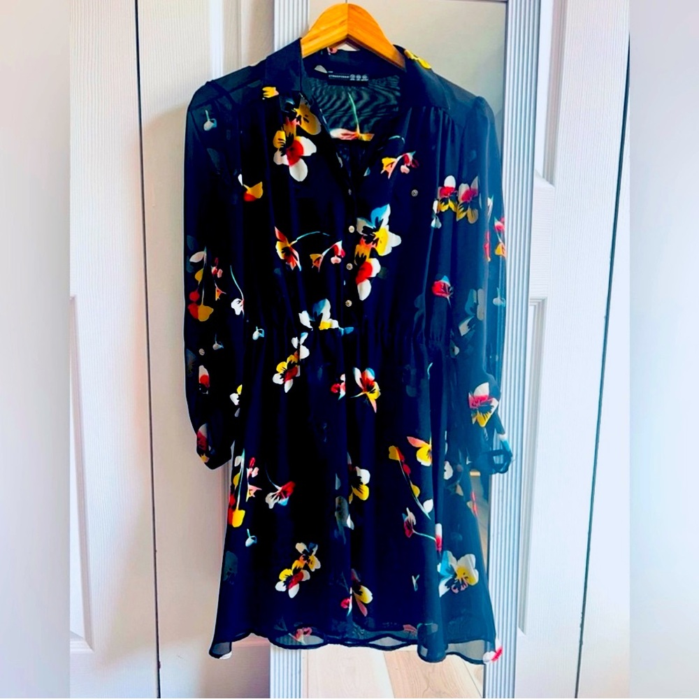 Short black floral dress with undergarment. Size Medium (petite)